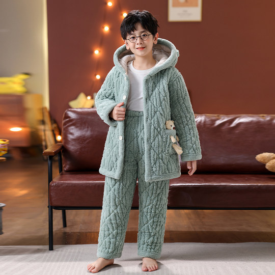 冬季儿童法兰绒睡衣男童女童男孩加绒加厚三层夹棉外穿亲子家居服