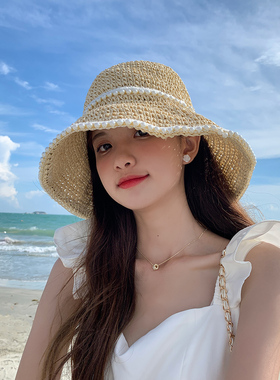 沙滩仙女风夏季珍珠草帽渔夫帽