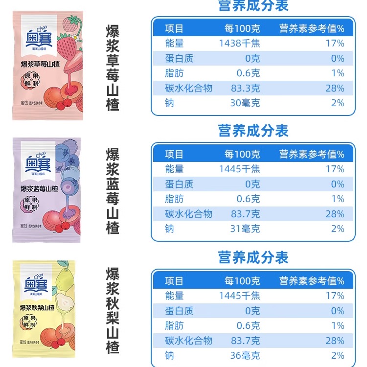 奥赛爆浆山楂草莓山楂蓝莓秋梨夹心爆浆蜜饯独立包装105g袋装零食