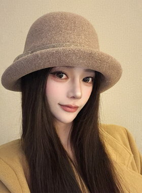 极简风毛呢渔夫帽女秋冬优雅百搭卷边显脸小赫本风盆帽水桶帽礼帽