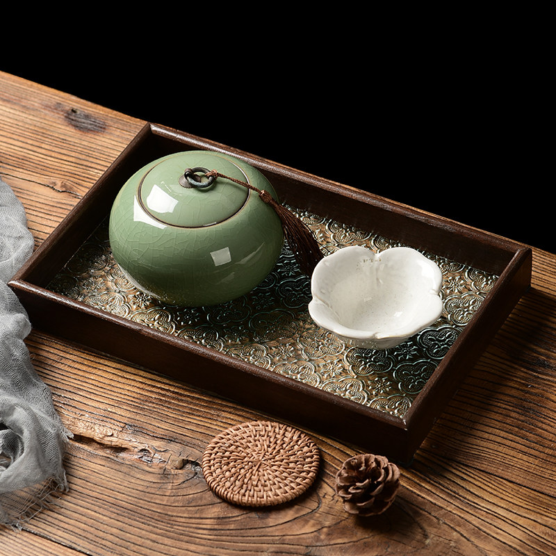 海棠压花玻璃托盘胡桃色长方形茶盘收纳摆件茶水杯子水果点心盘,淘宝优惠券,粉丝福利购,淘宝优惠卷