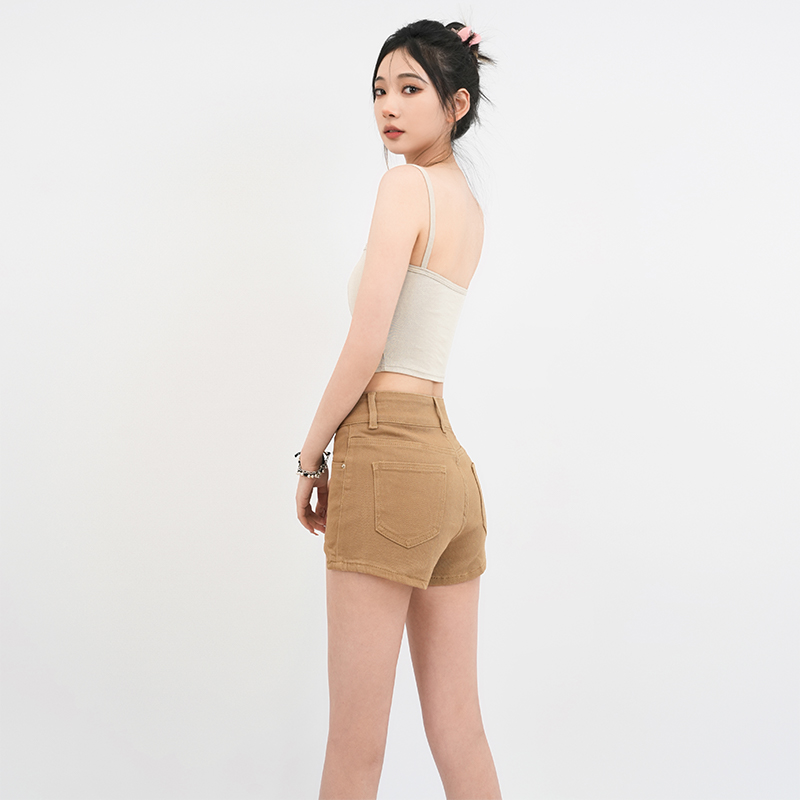 KRO夏季美式复古高腰双扣不规则热裤时尚百搭包臀A字弹力牛仔短裤 - 图2