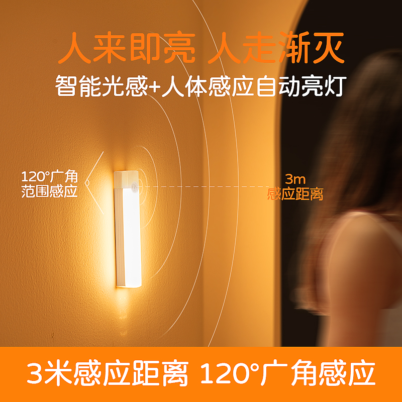 玄关人体自动感应灯人来即亮人走即灭鞋柜衣柜入门智能小夜灯充电
