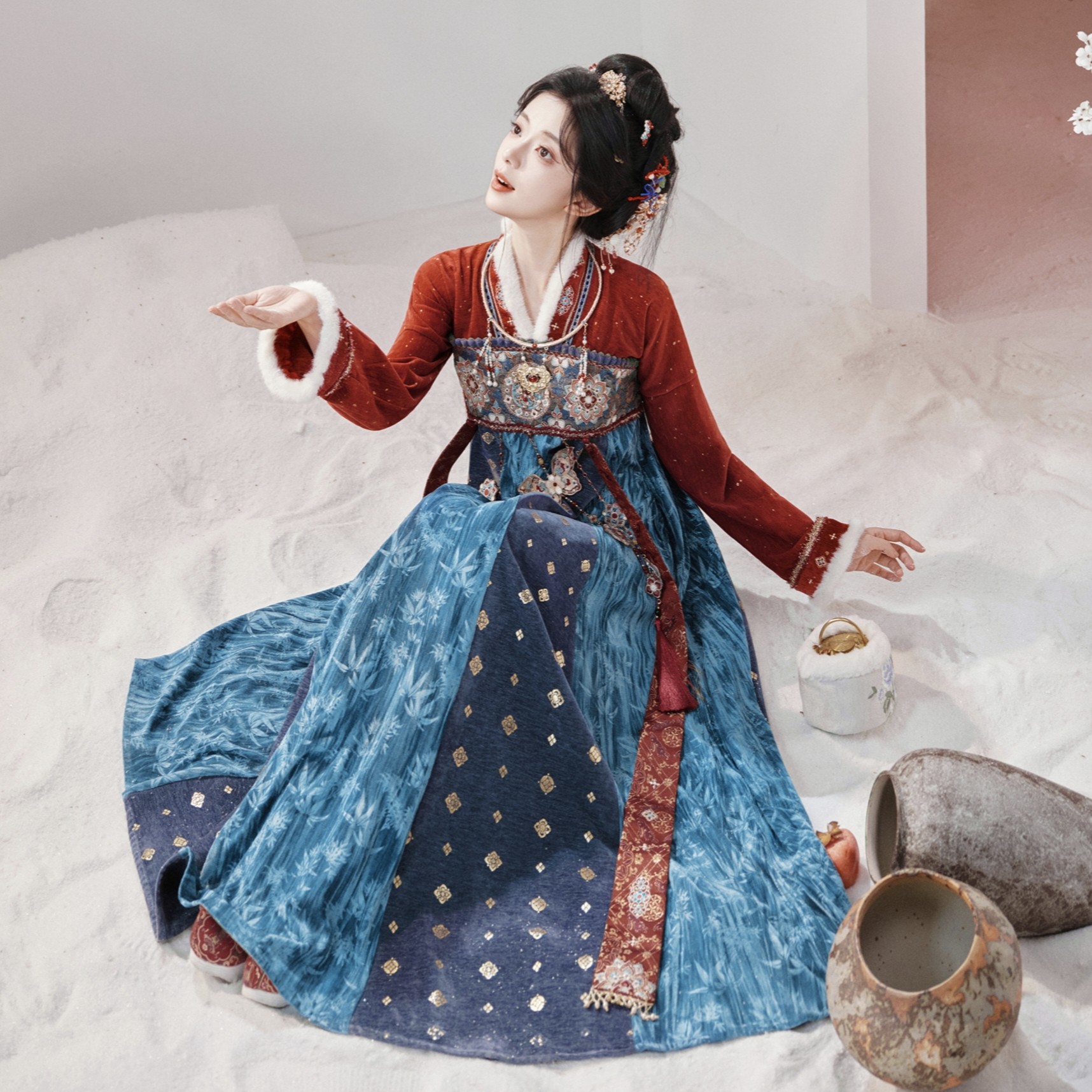 原创汉服女【七月夕-宝钿青黛】唐制加绒斗篷披风齐胸套装冬季款,淘宝优惠券,粉丝福利购,淘宝优惠卷