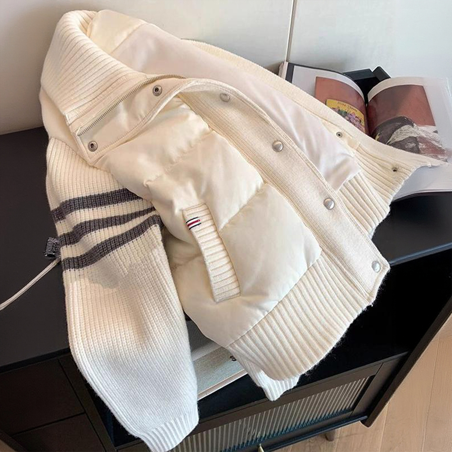 大码女装胖mm韩系针织拼接棉服外套女胖mm休闲百搭慵懒风立领上衣 - 图1