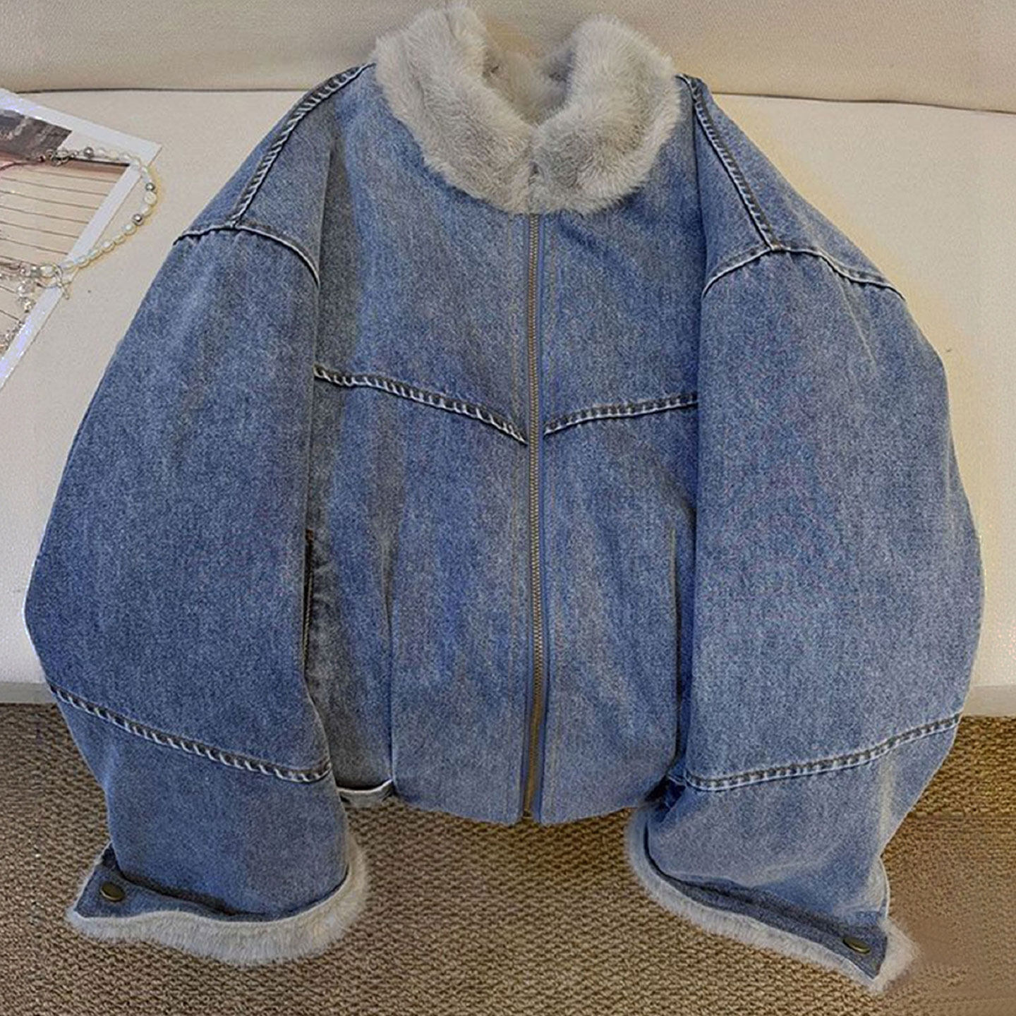 特大码女装胖mm毛毛拼接牛仔外套女高级感韩版显瘦百搭保暖厚棉服,淘宝优惠券,粉丝福利购,淘宝优惠卷