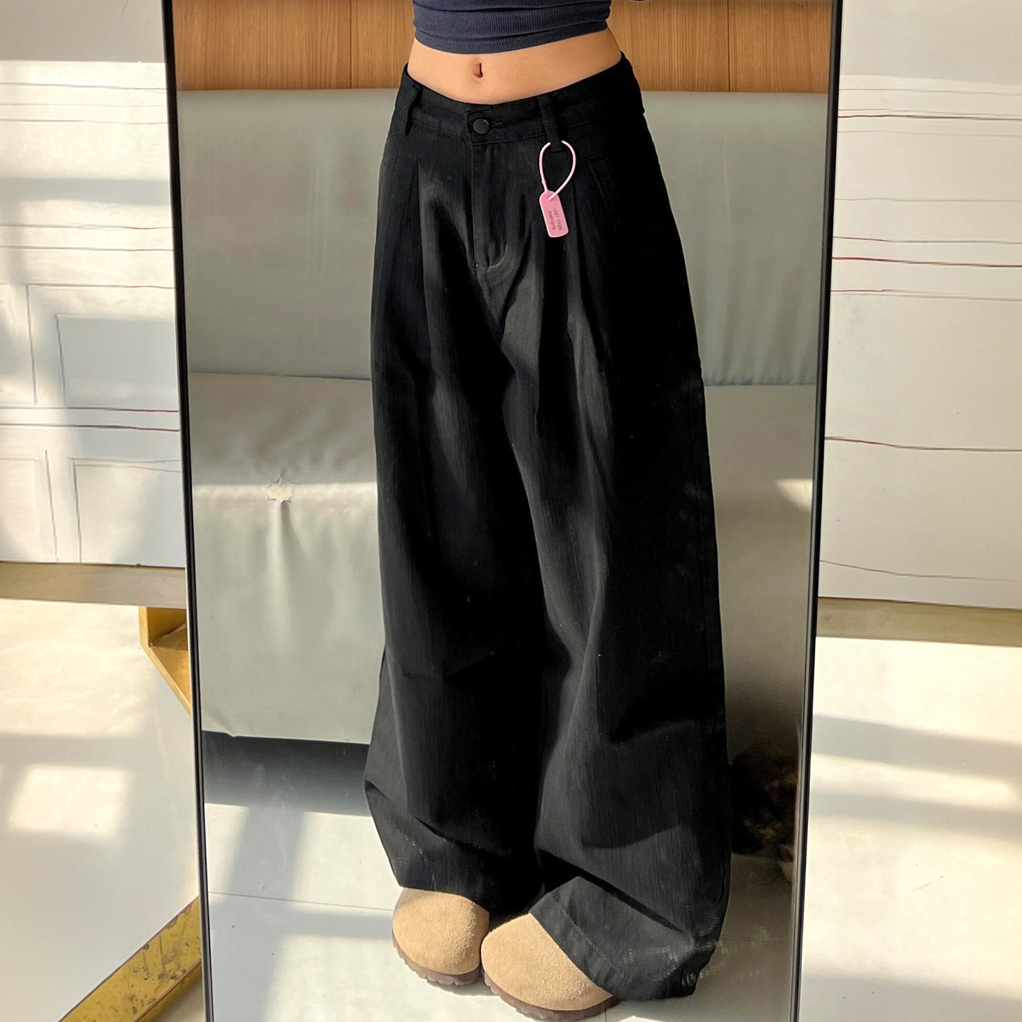 胖mm大码美式高街显瘦黑色阔腿牛仔裤女高级感简约百搭休闲长裤子,淘宝优惠券,粉丝福利购,淘宝优惠卷