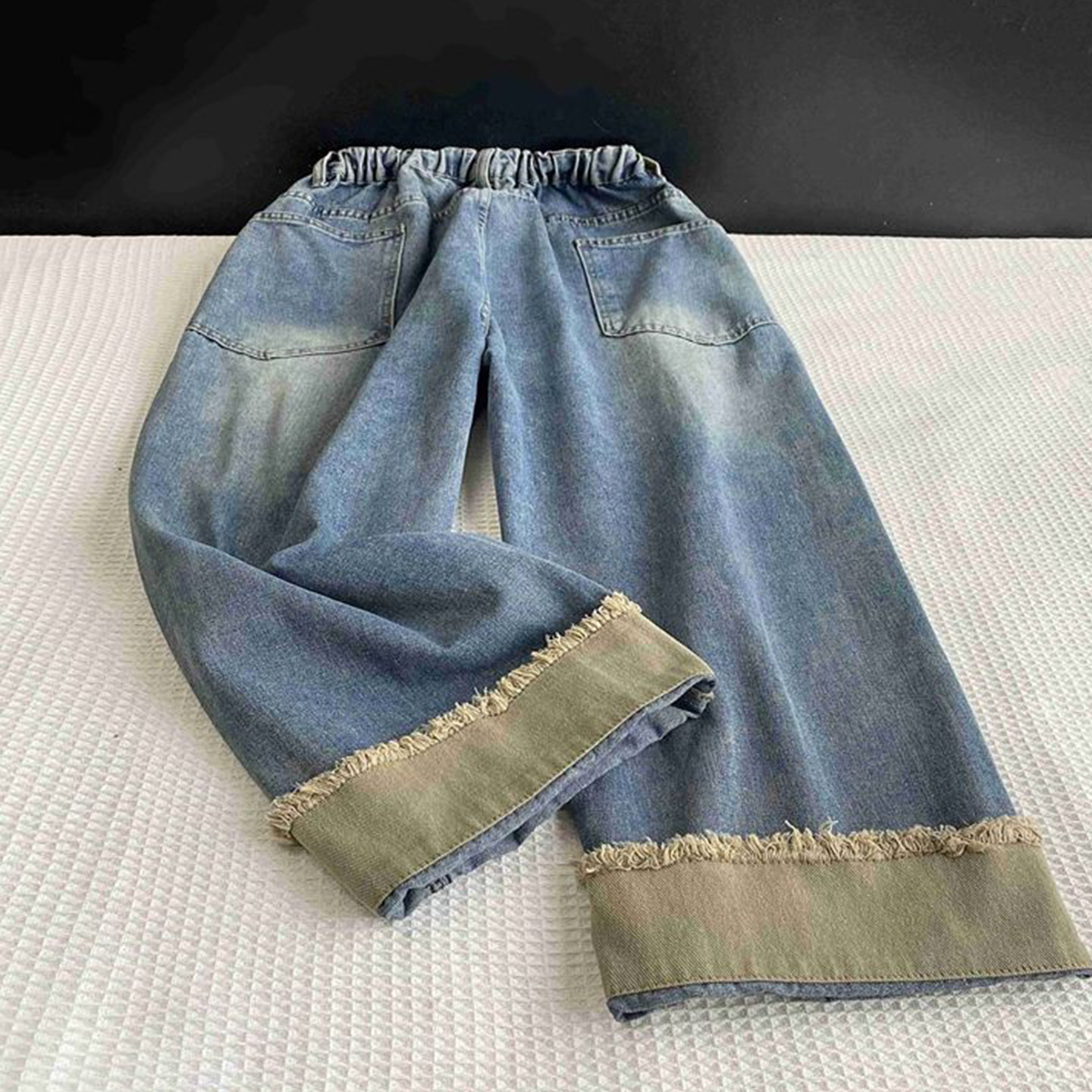 特大码胖mm蓝色卷边牛仔裤女胖mm梨型身材显瘦抽绳设计直筒九分裤,淘宝优惠券,粉丝福利购,淘宝优惠卷