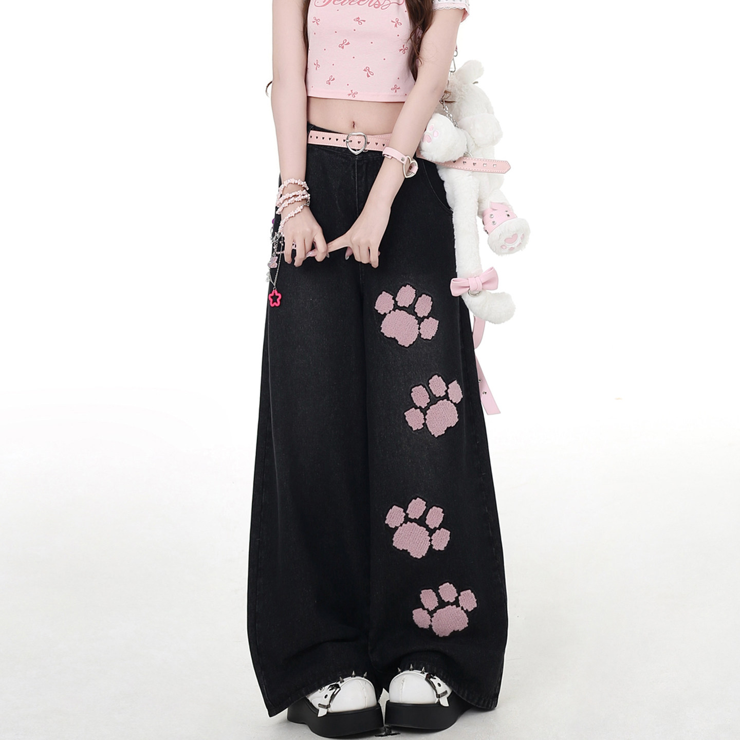 300斤特大码甜酷风猫爪刺绣牛仔裤女胖mm黑色高级感学生阔腿裤子,淘宝优惠券,粉丝福利购,淘宝优惠卷