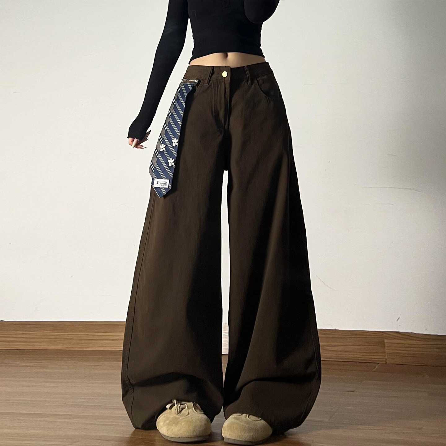 大码女装美拉德穿搭阔腿牛仔裤女冬季胖mm领带拼接设计感直筒裤子,淘宝优惠券,粉丝福利购,淘宝优惠卷