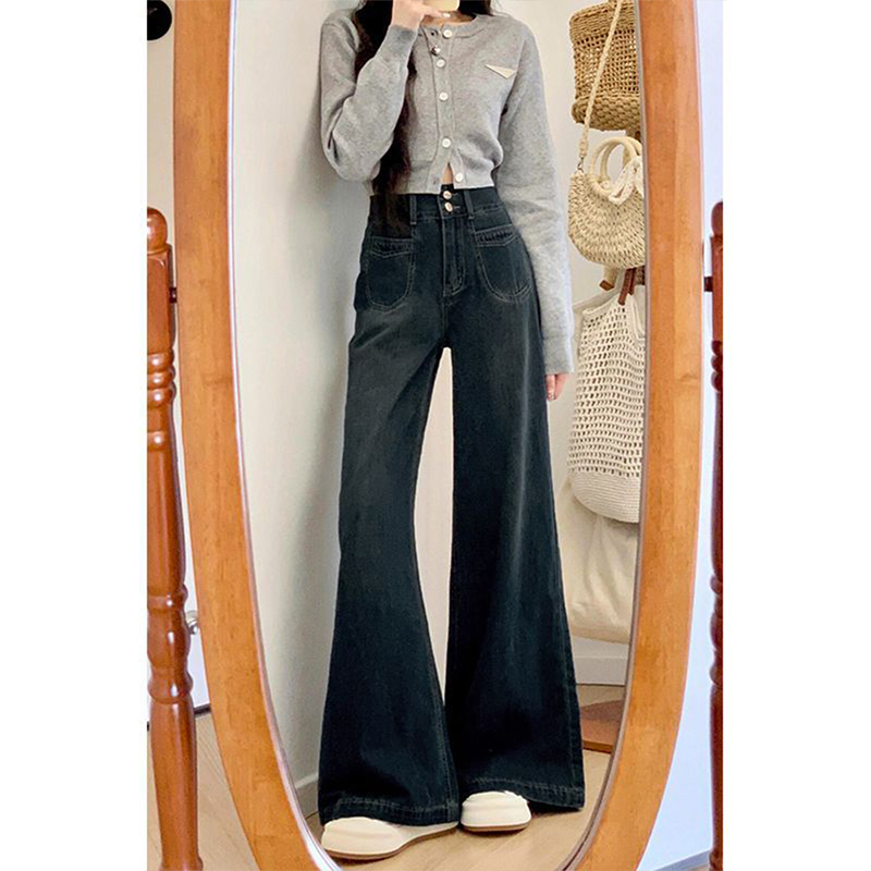 女装胖mm大码弹力复古牛仔裤2025新款百搭裤子女宽松设计感阔腿裤 - 图3