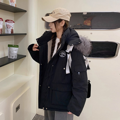 300斤大码女装美式加厚派克服外套女胖mm宽松学院风连帽黑色棉服 - 图0