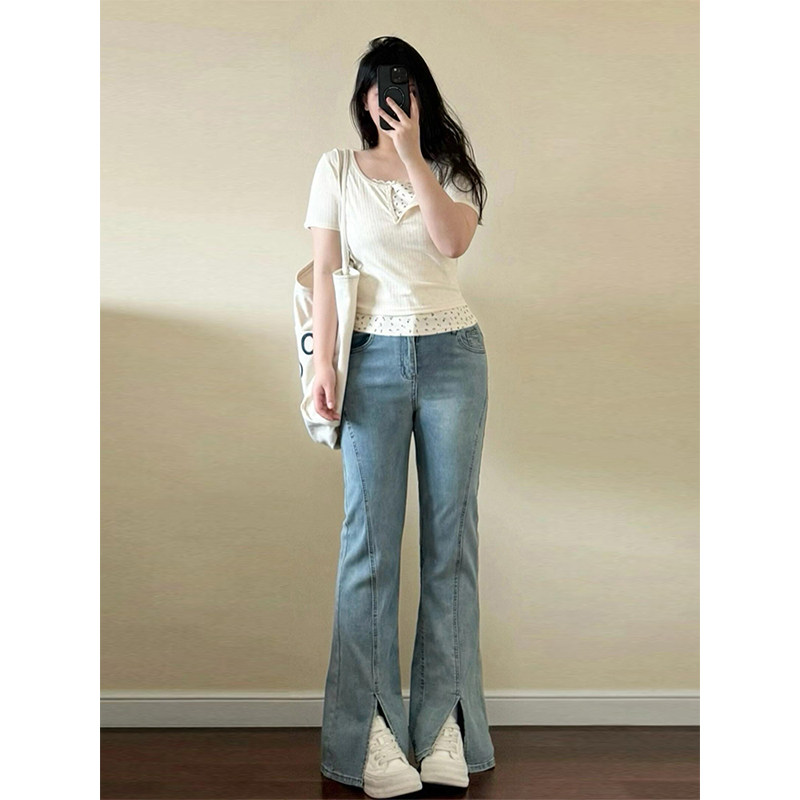 300斤大码女装浅色弹力微喇牛仔裤女胖mm设计感开叉显瘦喇叭裤子,淘宝优惠券,粉丝福利购,淘宝优惠卷