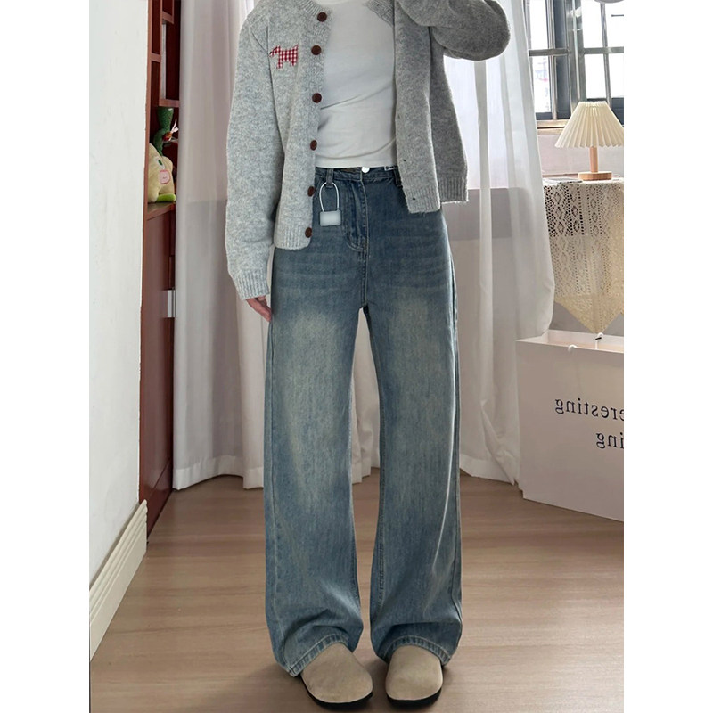 特大码女装蓝色高腰显瘦牛仔裤女2025新款裤子宽松遮肉窄版直筒裤 - 图0