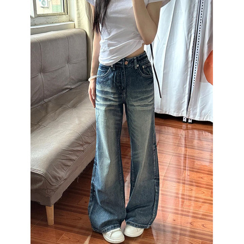 胖mm大码女装原创设计感牛仔裤女美式复古阔腿裤子水洗个性直筒裤 - 图1