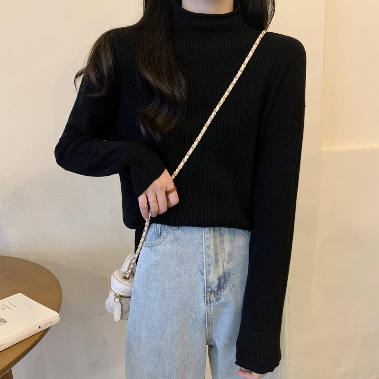 大码胖mm黑色显瘦针织打底衫毛衣女冬季保暖半高领设计感加厚上衣,淘宝优惠券,粉丝福利购,淘宝优惠卷