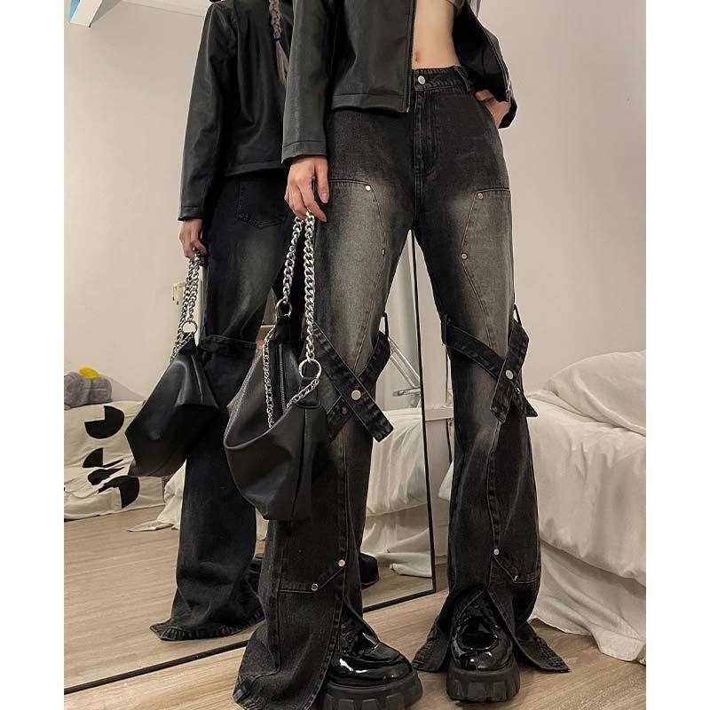 特大码女装胖mm宽松显瘦美式复古辣妹风牛仔裤女新款百搭微喇叭裤,淘宝优惠券,粉丝福利购,淘宝优惠卷