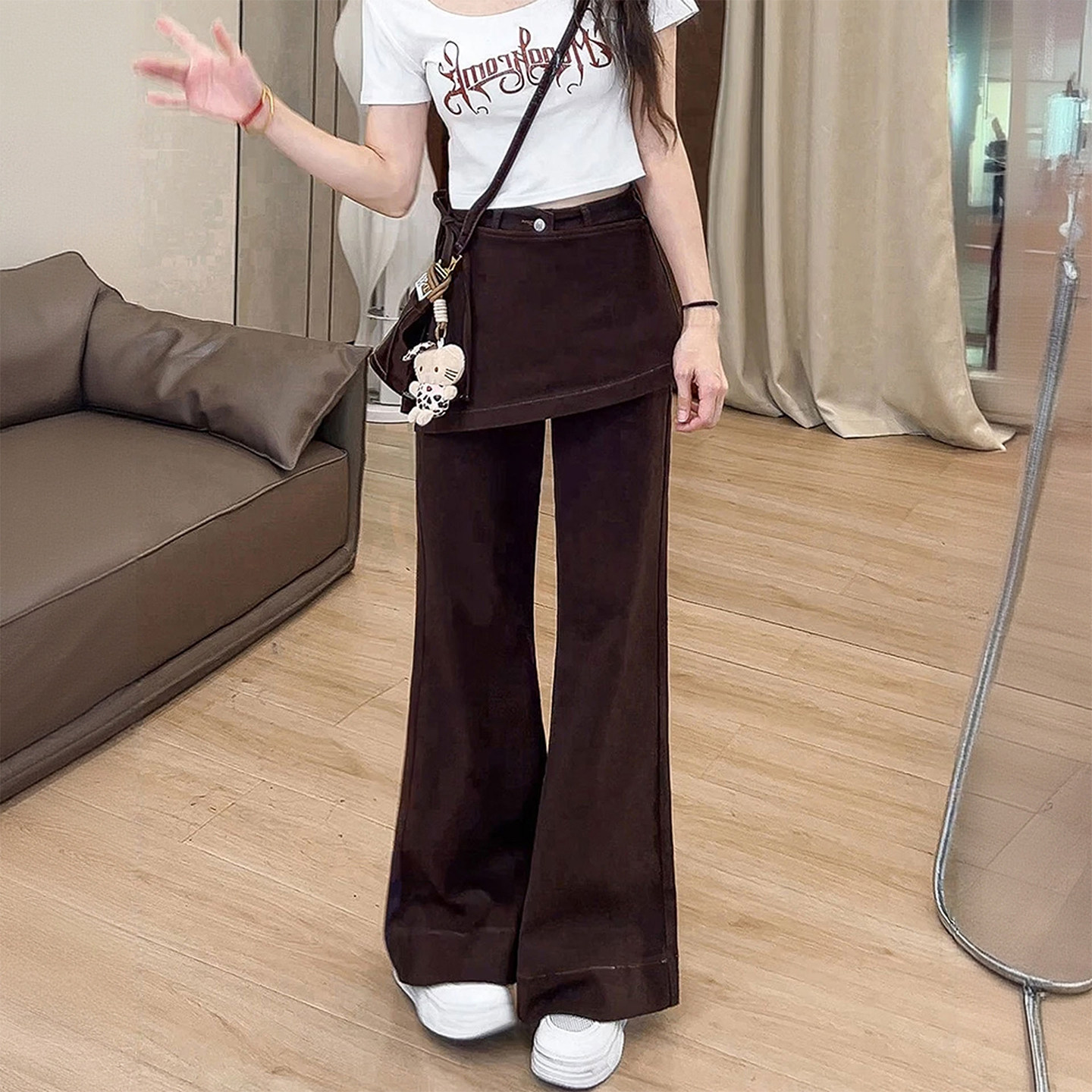 大码女装美拉德穿搭假两件屁帘微喇牛仔裤女胖mm高腰显瘦喇叭裤子,淘宝优惠券,粉丝福利购,淘宝优惠卷