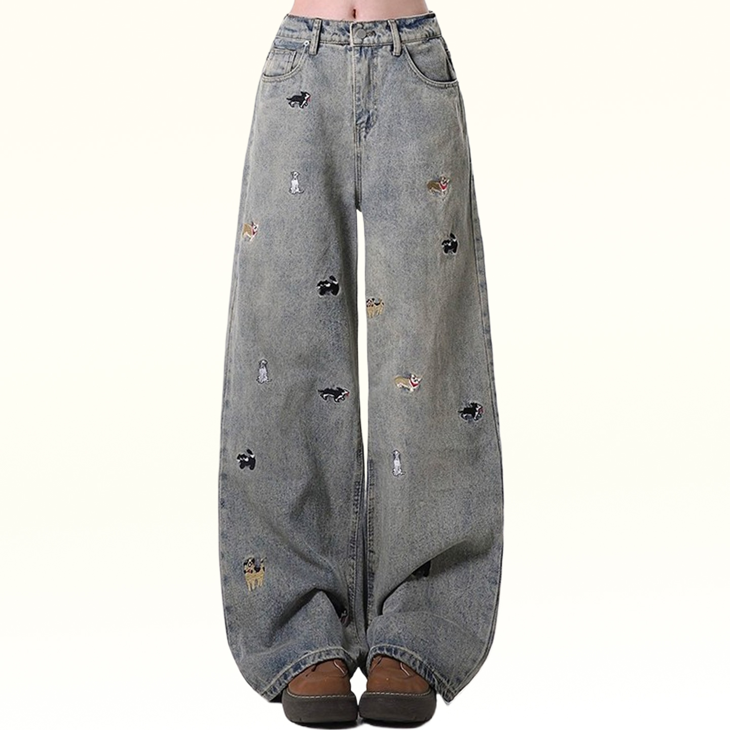 特大码女装学生高腰直筒牛仔裤女胖mm巨显瘦穿搭趣味小狗阔腿裤子 - 图3