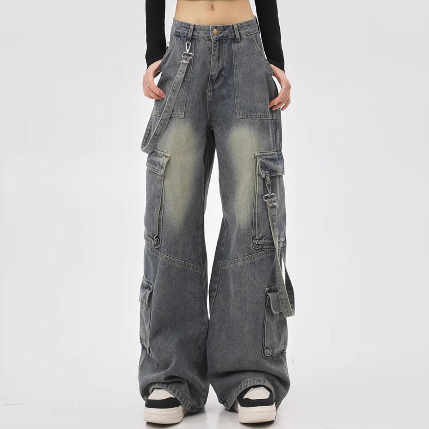 300斤大码女装多口袋设计牛仔裤女胖mm美式高街显瘦直筒工装裤子,淘宝优惠券,粉丝福利购,淘宝优惠卷