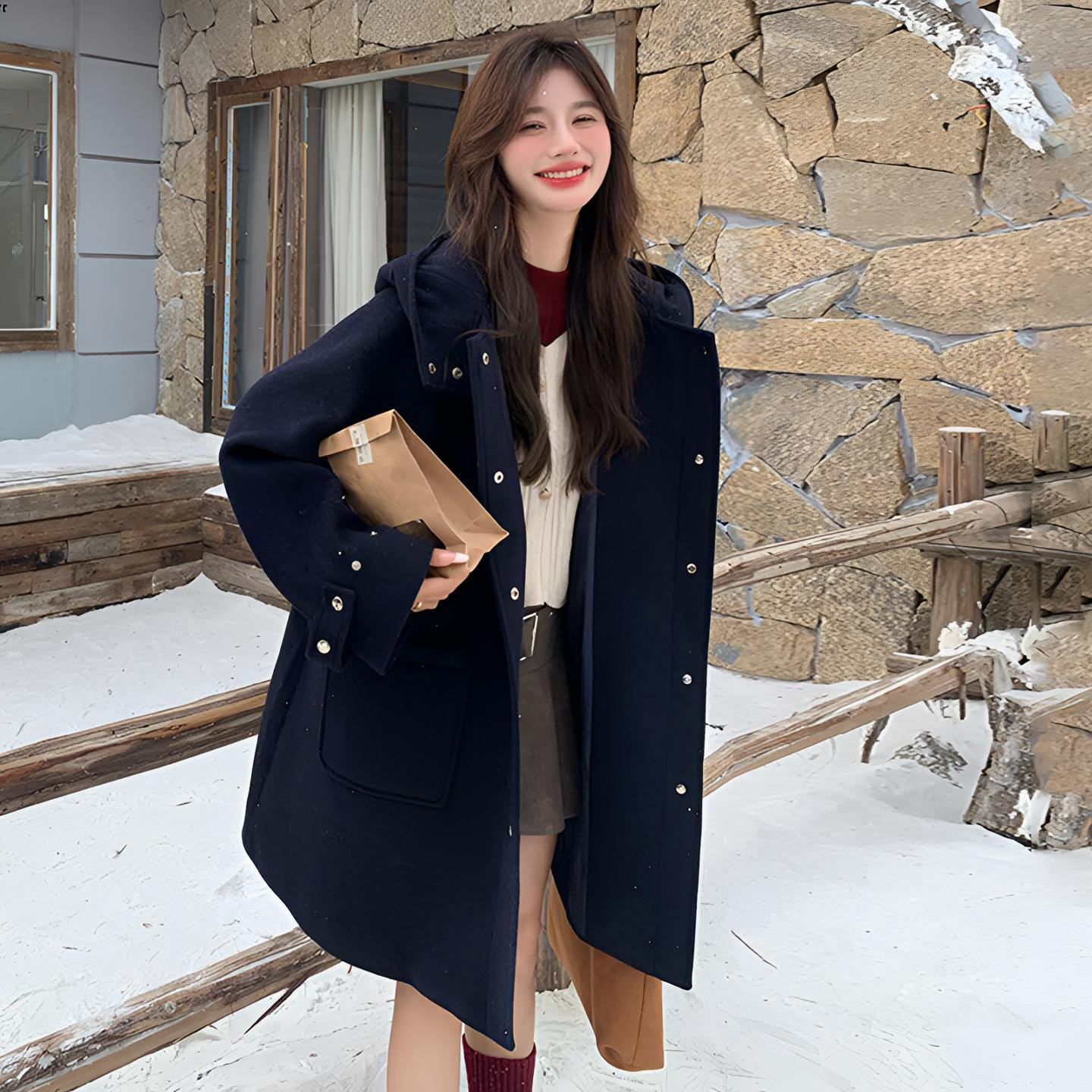 大码女装藏青色加厚保暖毛呢大衣女胖mm宽松显瘦中长款连帽外套 - 图2