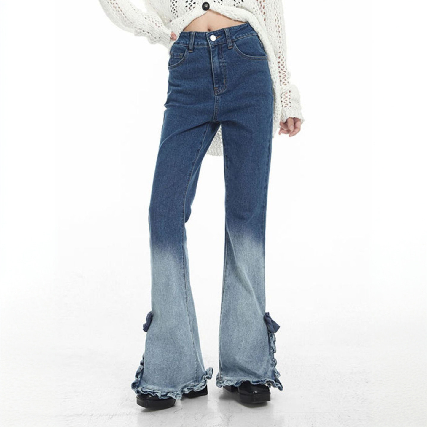 300斤胖mm大码学生高腰显瘦微喇牛仔裤女个性ins渐变设计喇叭裤子,淘宝优惠券,粉丝福利购,淘宝优惠卷