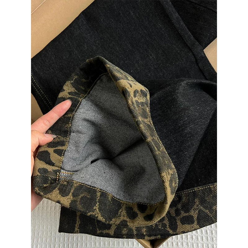 大码女装美式豹纹卷边牛仔裤女新款胖mm裤子宽松bf慵懒风阔腿长裤 - 图2