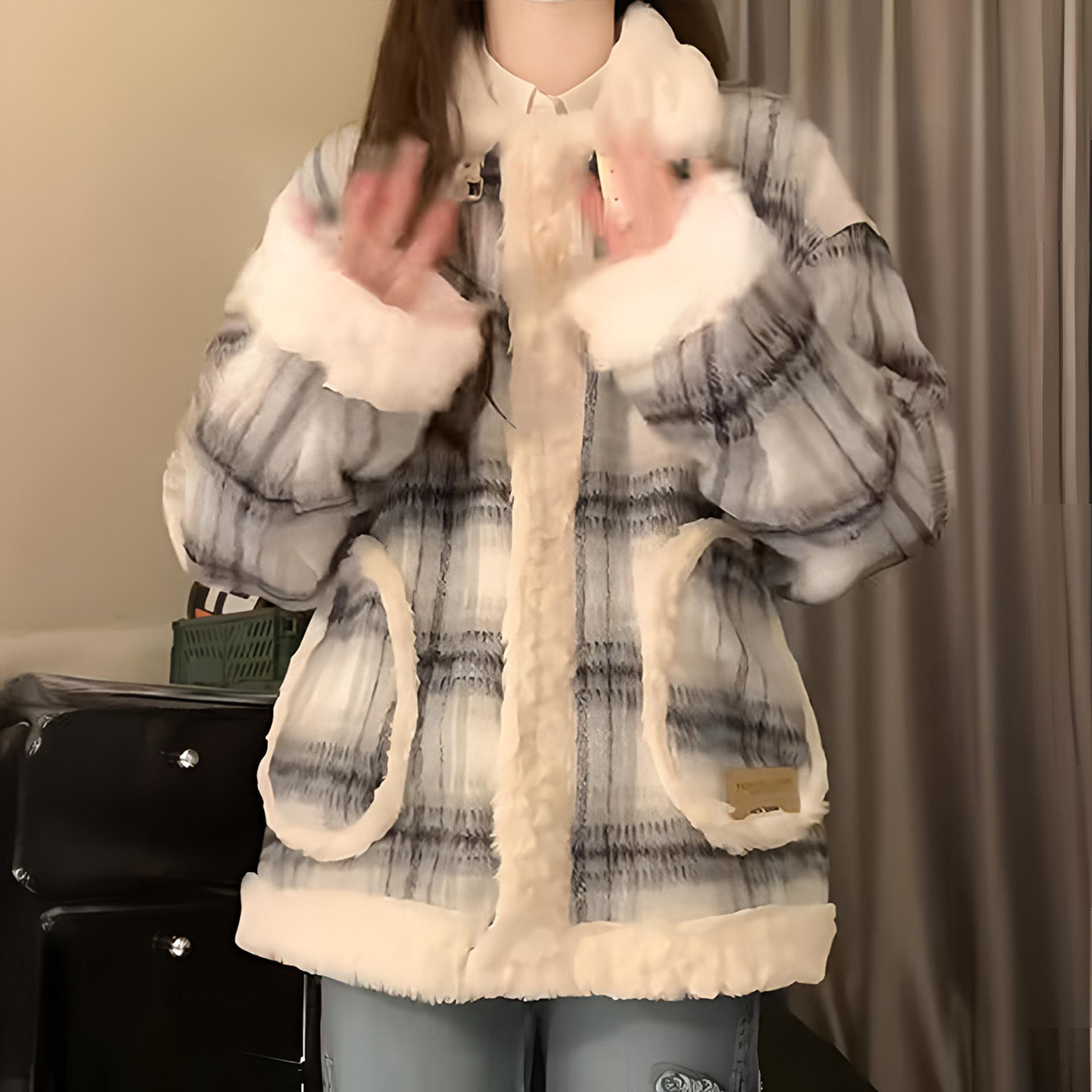 大码女装胖mm独特好看格子翻领棉服女韩版宽松显瘦设计感棉衣外套,淘宝优惠券,粉丝福利购,淘宝优惠卷