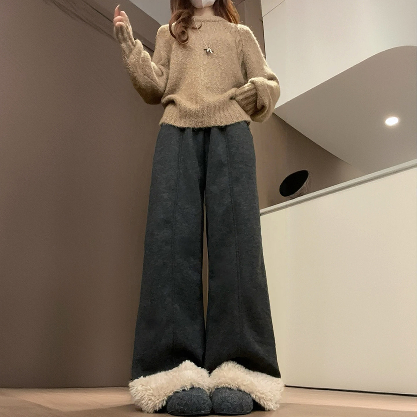 特大码胖mm加厚保暖羊羔绒阔腿裤女2025新款小个子显瘦遮肉休闲裤,淘宝优惠券,粉丝福利购,淘宝优惠卷