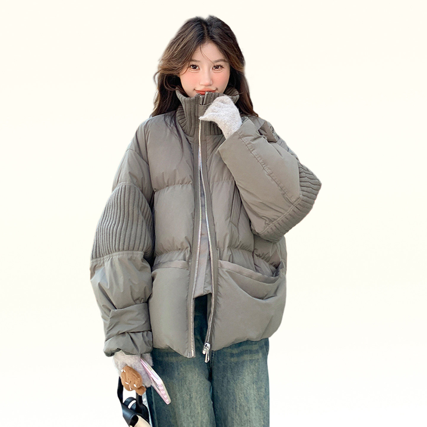 300斤大码女装宽松设计感立领棉服上衣女冬季防寒保暖灰绿色棉衣 - 图2