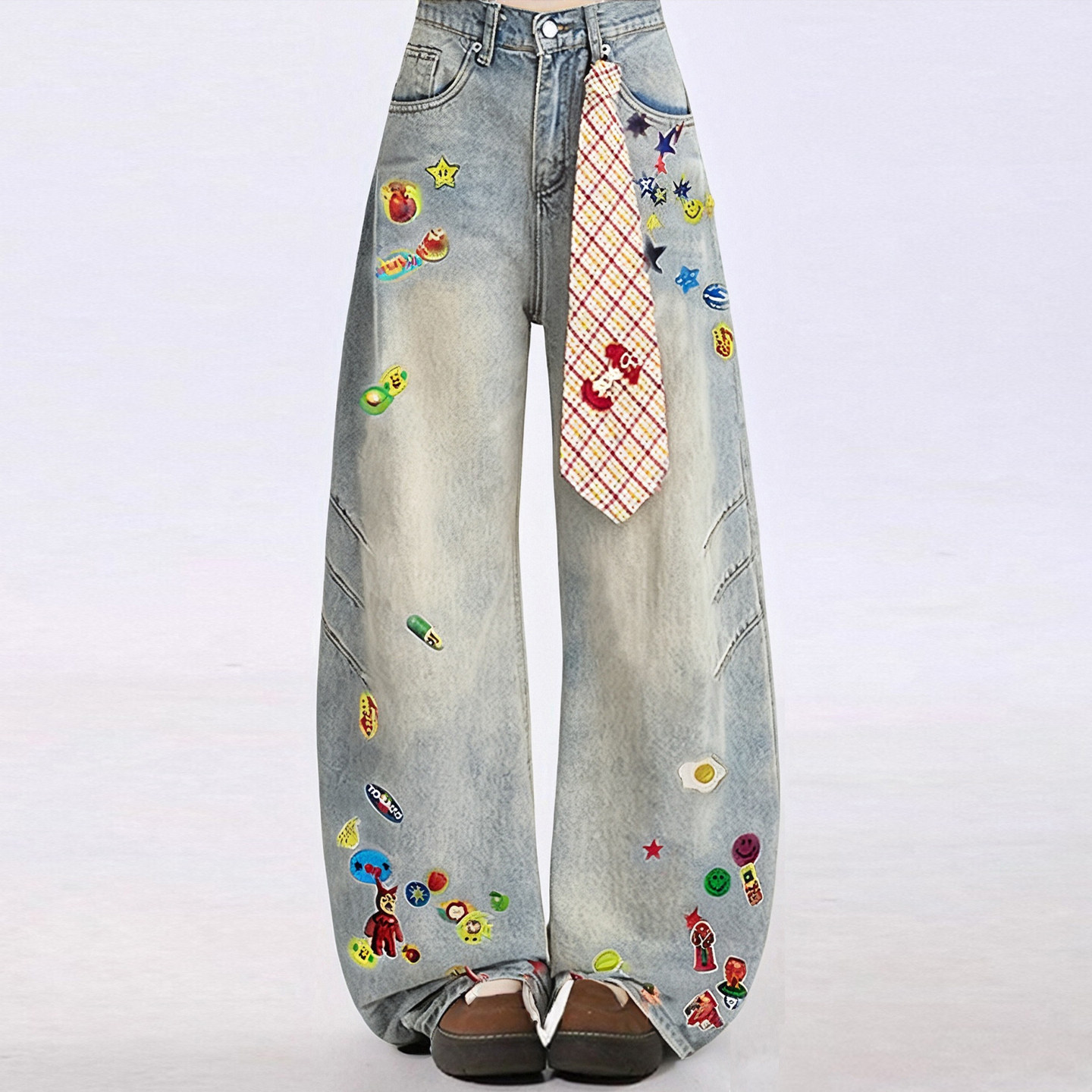 胖mm大码女装减龄卡通印花阔腿牛仔裤女夏季垂感遮肉显瘦弯刀长裤,淘宝优惠券,粉丝福利购,淘宝优惠卷