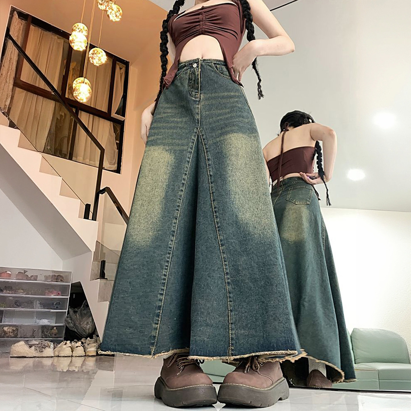 胖mm韩版宽松牛仔半身裙女新款大码中长款美式穿搭a字鱼尾大摆裙,淘宝优惠券,粉丝福利购,淘宝优惠卷