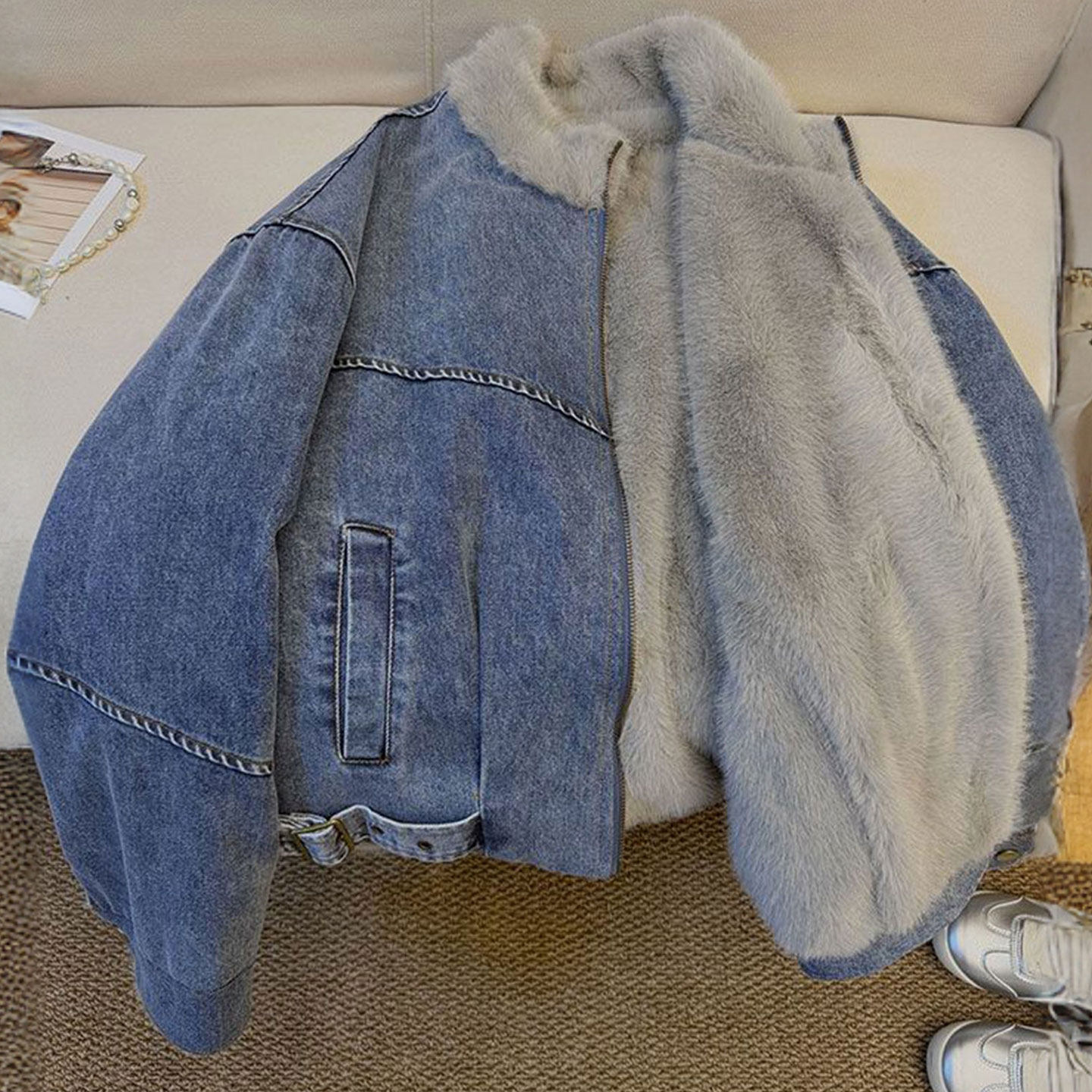 特大码女装胖mm毛毛拼接牛仔外套女高级感韩版显瘦百搭保暖厚棉服,淘宝优惠券,粉丝福利购,淘宝优惠卷