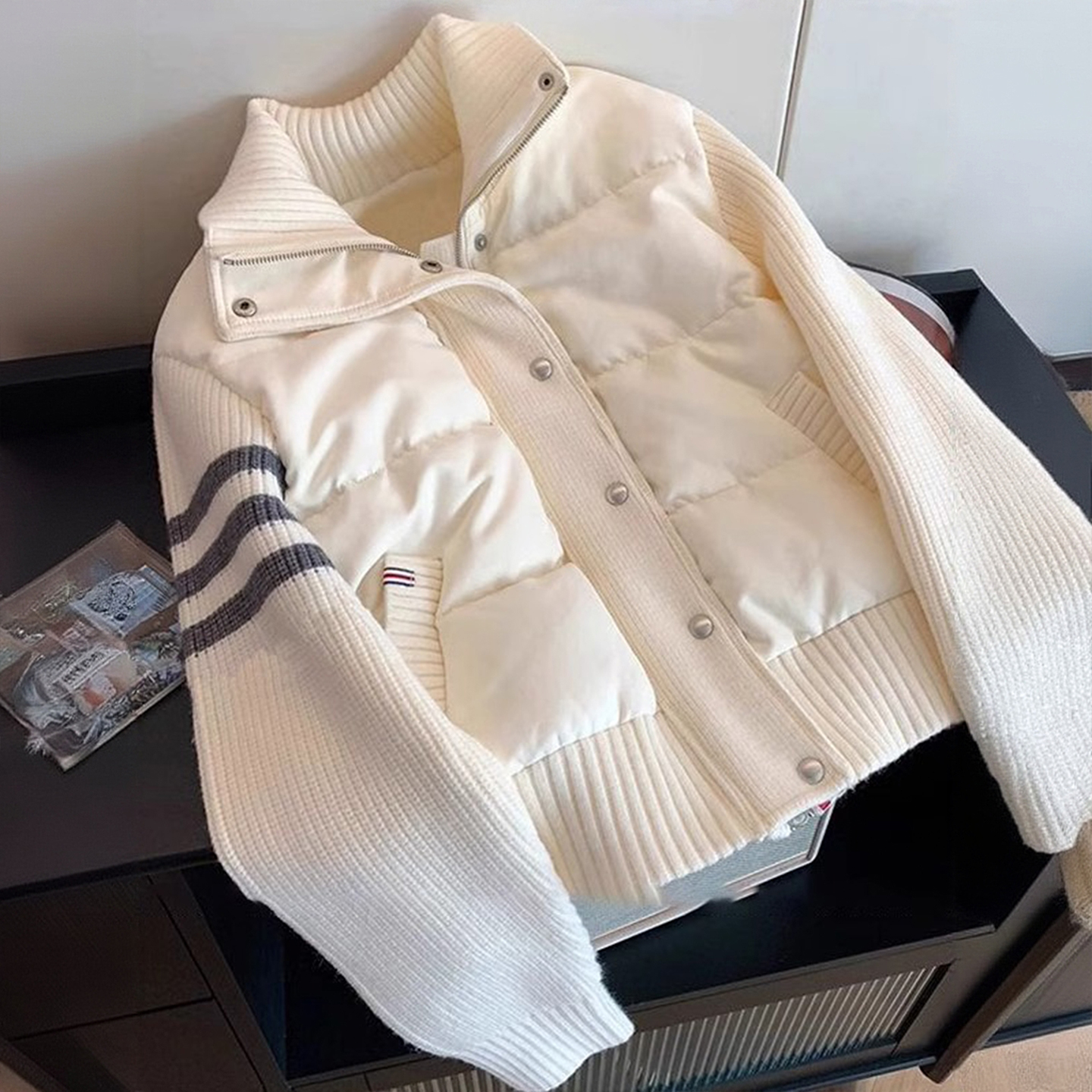 大码女装胖mm韩系针织拼接棉服外套女胖mm休闲百搭慵懒风立领上衣 - 图2