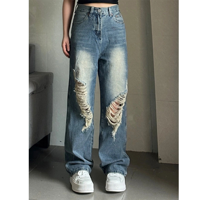 300斤特大码复古破洞高腰牛仔裤女300斤胖mm夏薄款显瘦宽松阔腿裤 - 图2