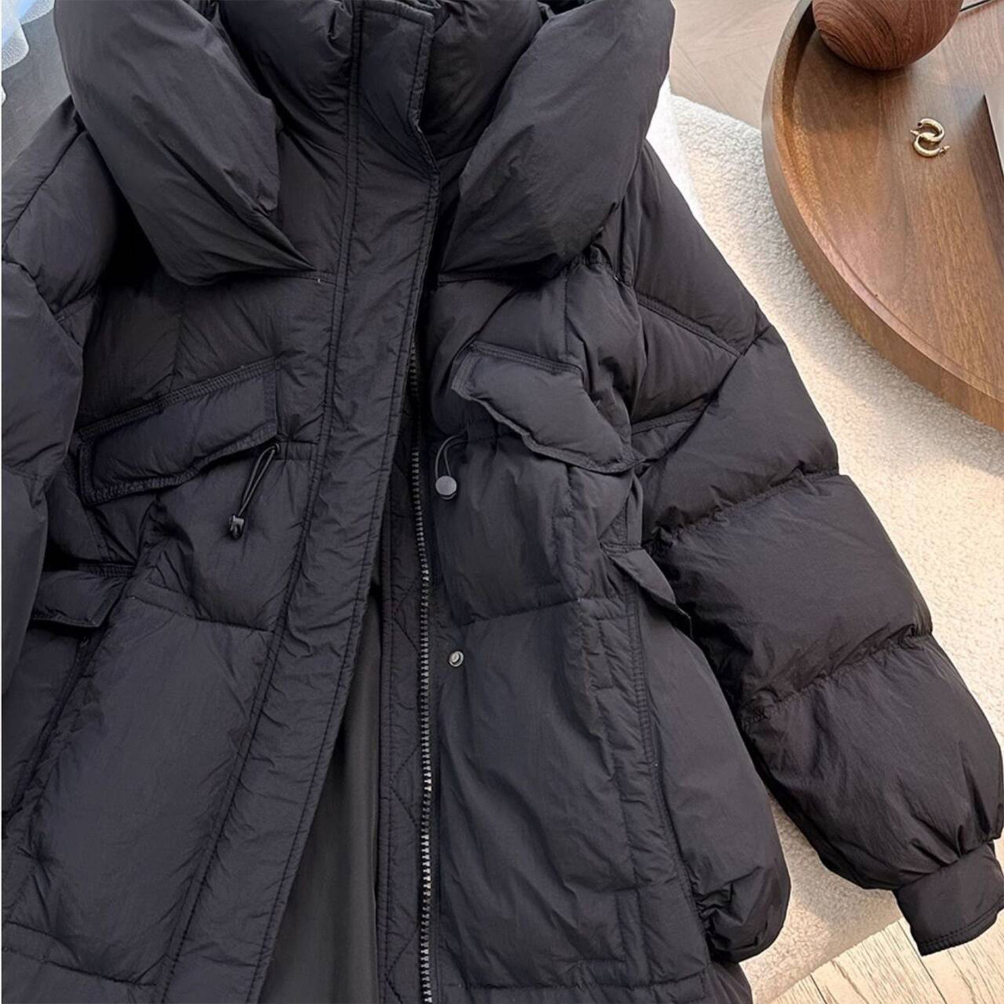 大码女装胖mm黑色加厚保暖过膝棉服上衣女冬季简约高级感连帽外套,淘宝优惠券,粉丝福利购,淘宝优惠卷
