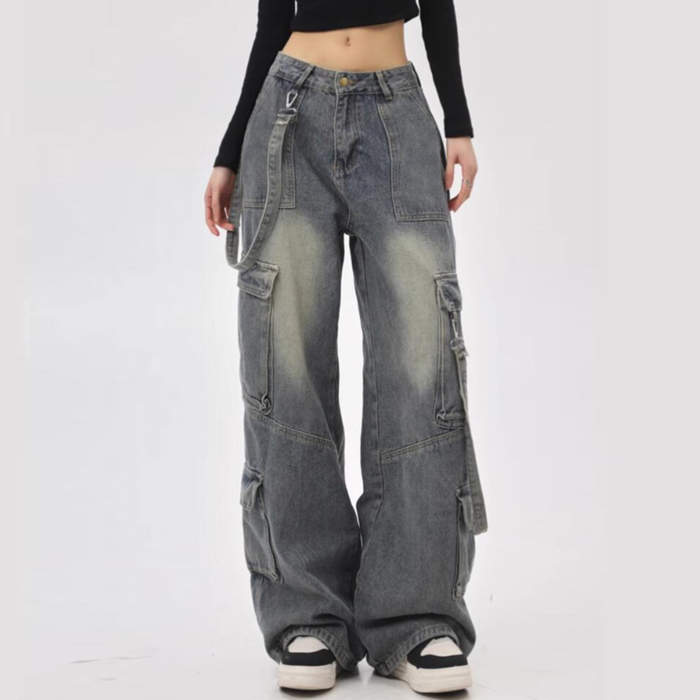 300斤大码女装多口袋设计牛仔裤女胖mm美式高街显瘦直筒工装裤子,淘宝优惠券,粉丝福利购,淘宝优惠卷