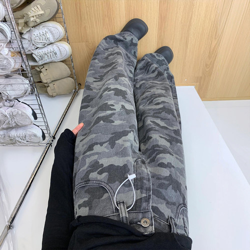 特大码女装复古迷彩色加绒牛仔裤女秋冬胖mm女裤保暖加厚阔腿裤子 - 图2