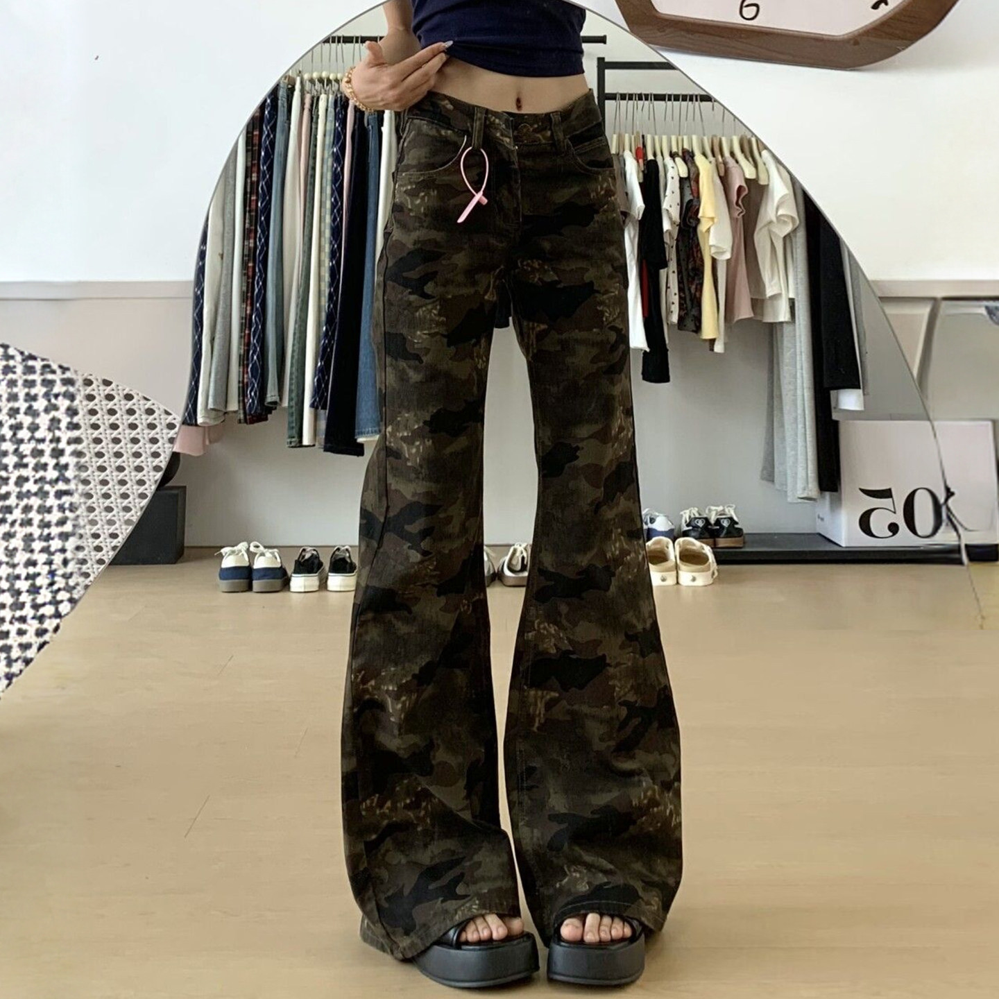 300斤特大码美式迷彩阔腿牛仔裤女胖mm高腰修身显瘦马蹄喇叭裤子,淘宝优惠券,粉丝福利购,淘宝优惠卷