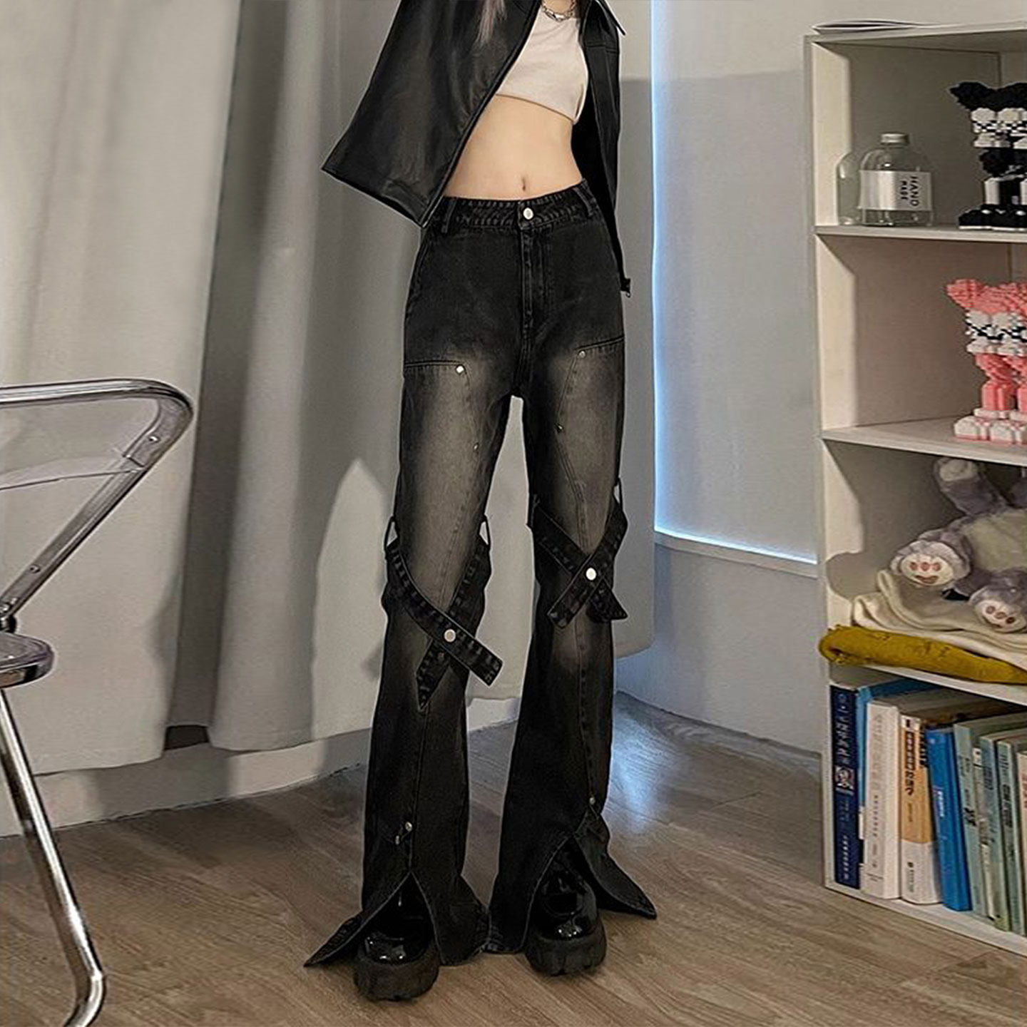 胖mm大码女装复古辣妹风黑色牛仔裤女美式设计感开叉显瘦微喇裤子,淘宝优惠券,粉丝福利购,淘宝优惠卷