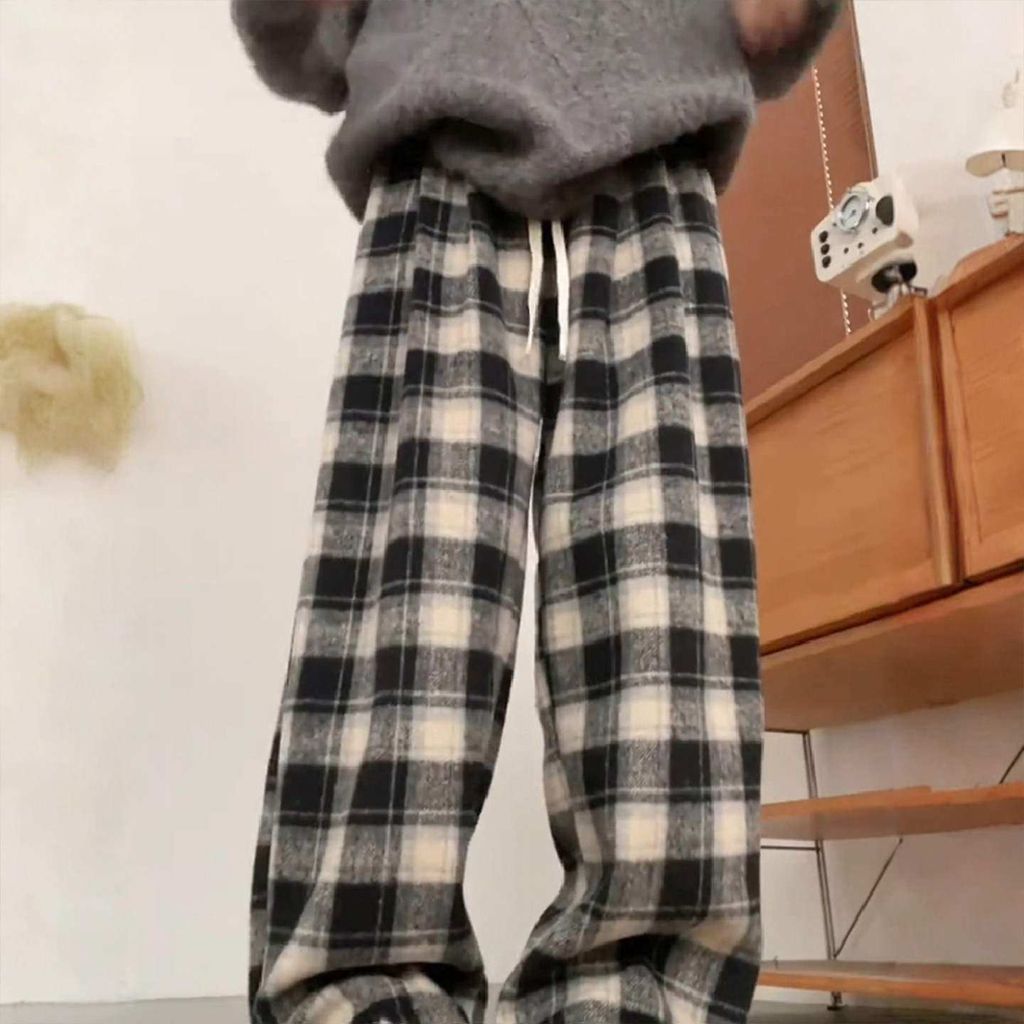 300斤胖mm大码美式慵懒格子阔腿休闲裤女高腰垂感宽松百搭毛呢裤,淘宝优惠券,粉丝福利购,淘宝优惠卷
