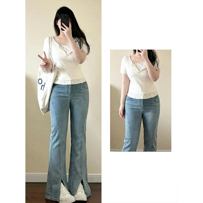 300斤大码女装浅色弹力微喇牛仔裤女胖mm设计感开叉显瘦喇叭裤子,淘宝优惠券,粉丝福利购,淘宝优惠卷