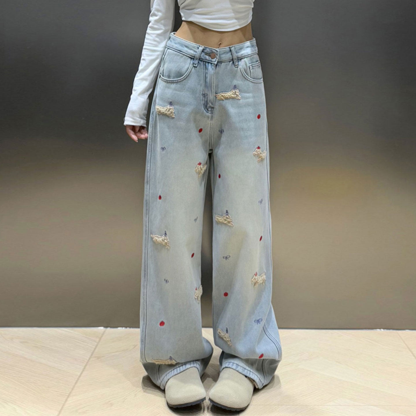 特大码女装胖mm蓝色加绒牛仔裤女冬季学院风卡通刺绣加厚阔腿裤子,淘宝优惠券,粉丝福利购,淘宝优惠卷