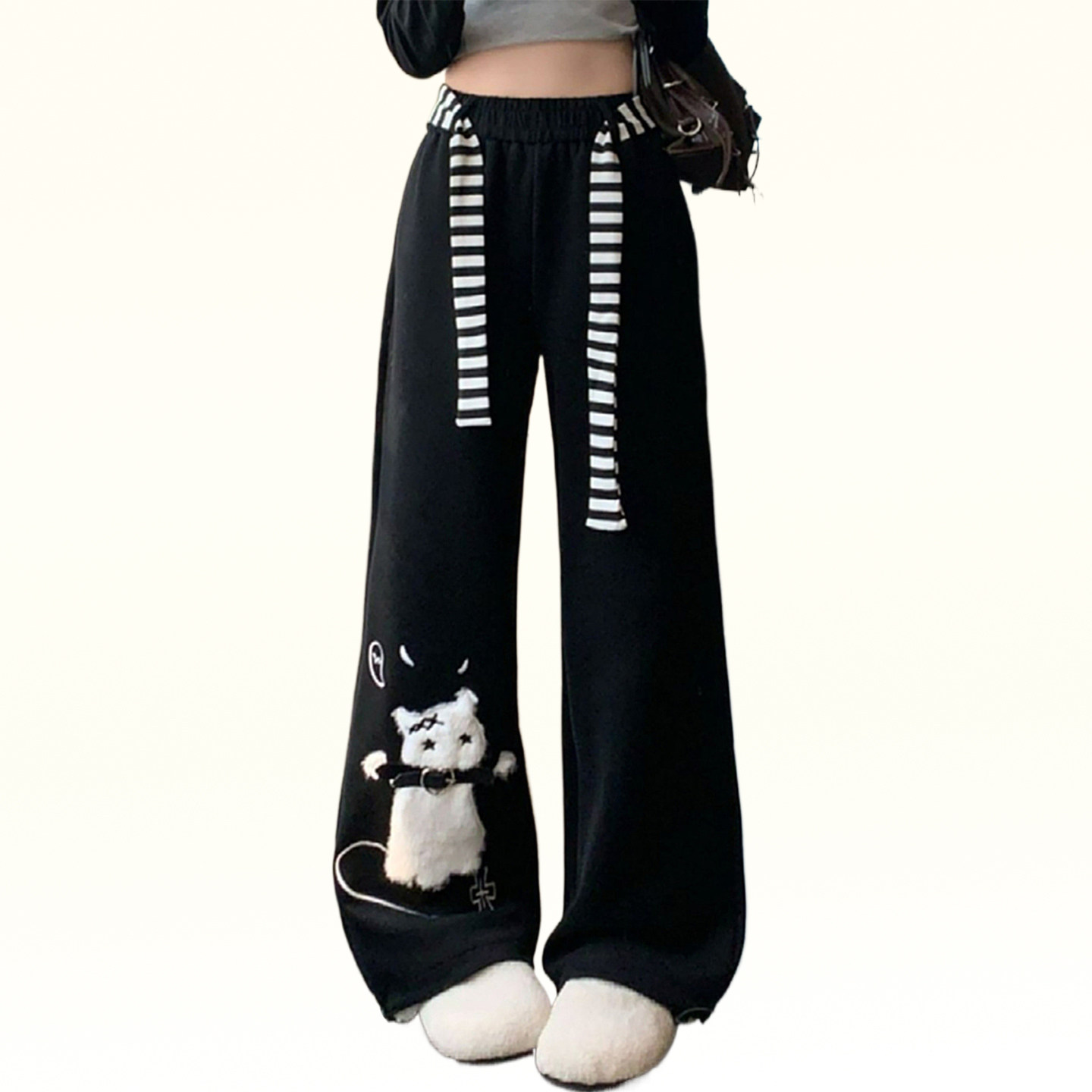 300斤大码女装韩版学院风猫咪刺绣休闲裤女胖mm加绒加厚直筒裤子,淘宝优惠券,粉丝福利购,淘宝优惠卷