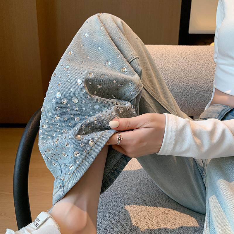 大码女装胖mm高级感浅色系牛仔裤女高腰宽松显瘦重工烫钻阔腿裤子,淘宝优惠券,粉丝福利购,淘宝优惠卷