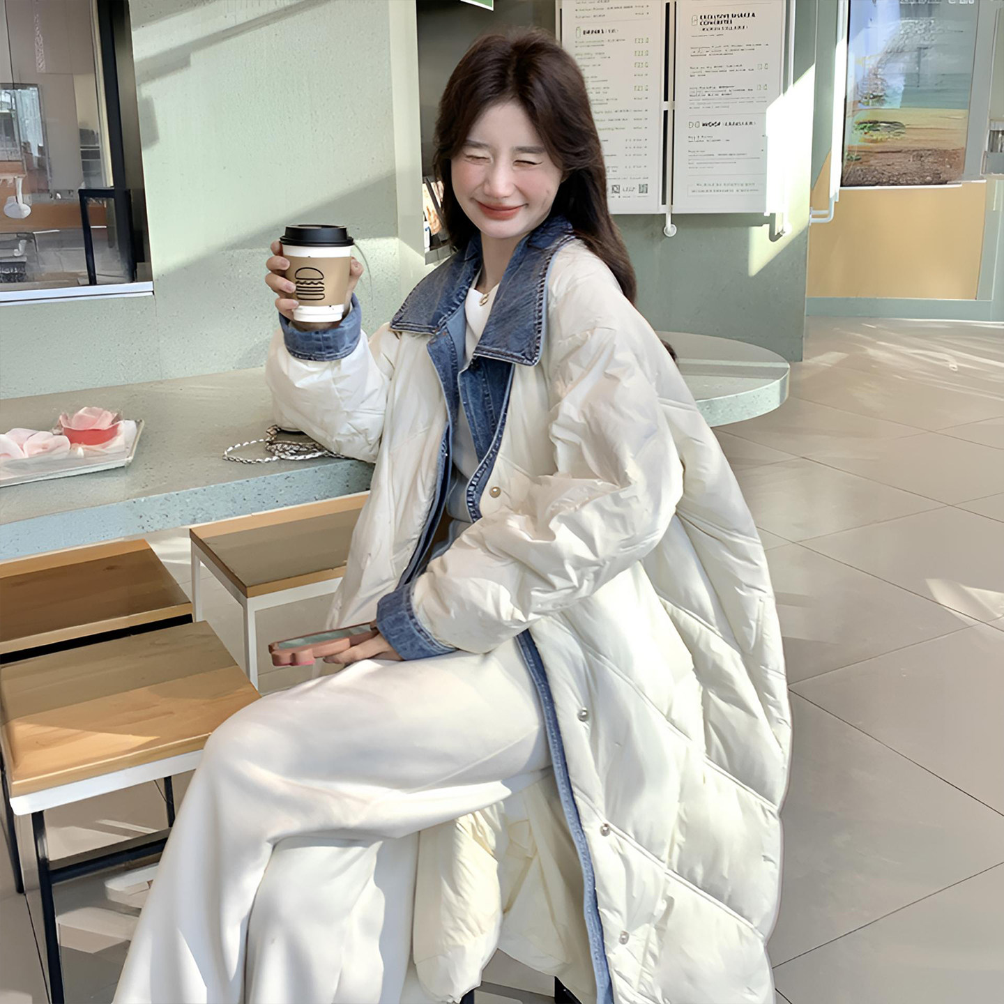 胖mm特大码牛仔拼接假两件羽绒棉服女韩系慵懒风独特超好看的外套,淘宝优惠券,粉丝福利购,淘宝优惠卷