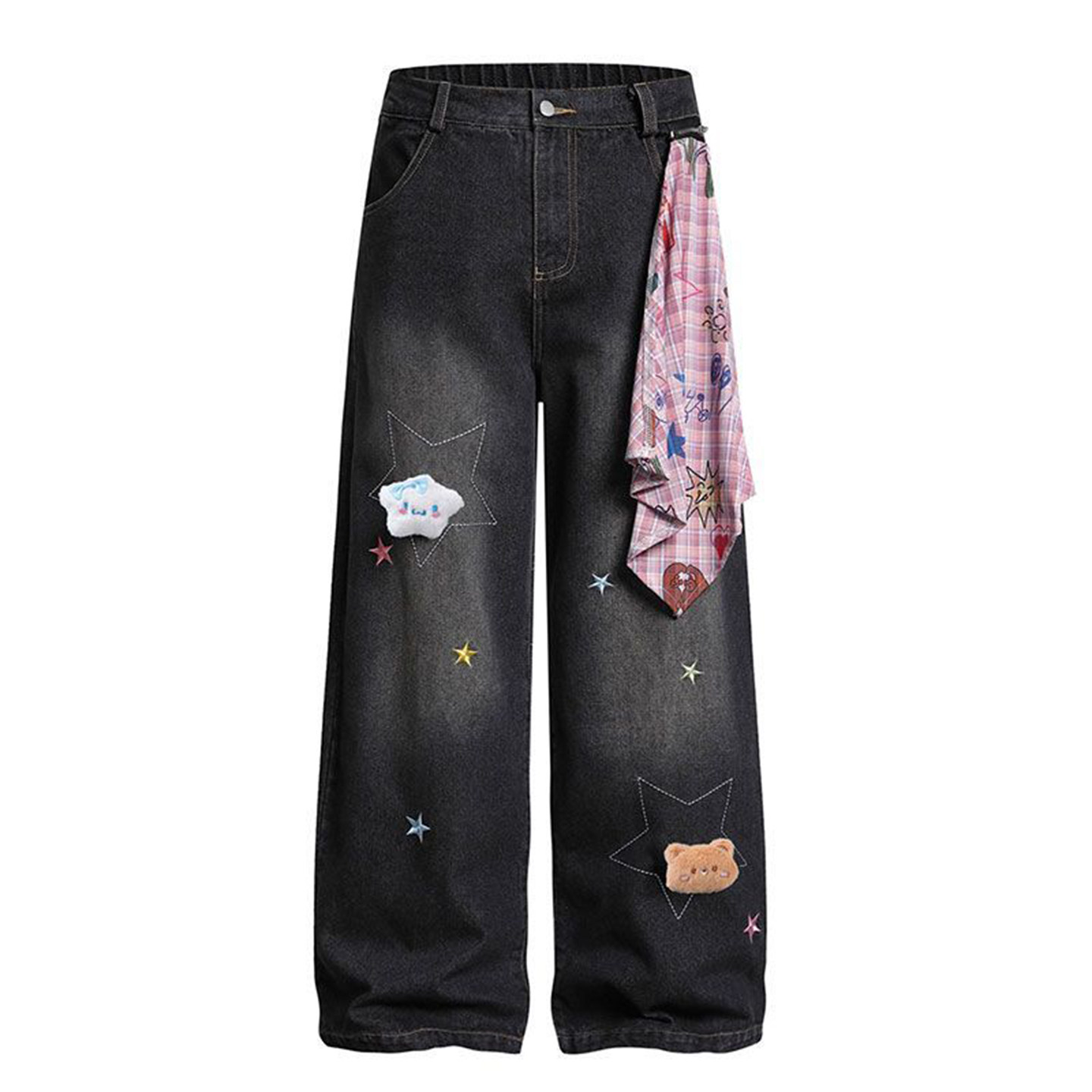 300斤大码女装美式小熊刺绣牛仔裤女胖mm秋季废土风做旧阔腿裤子,淘宝优惠券,粉丝福利购,淘宝优惠卷