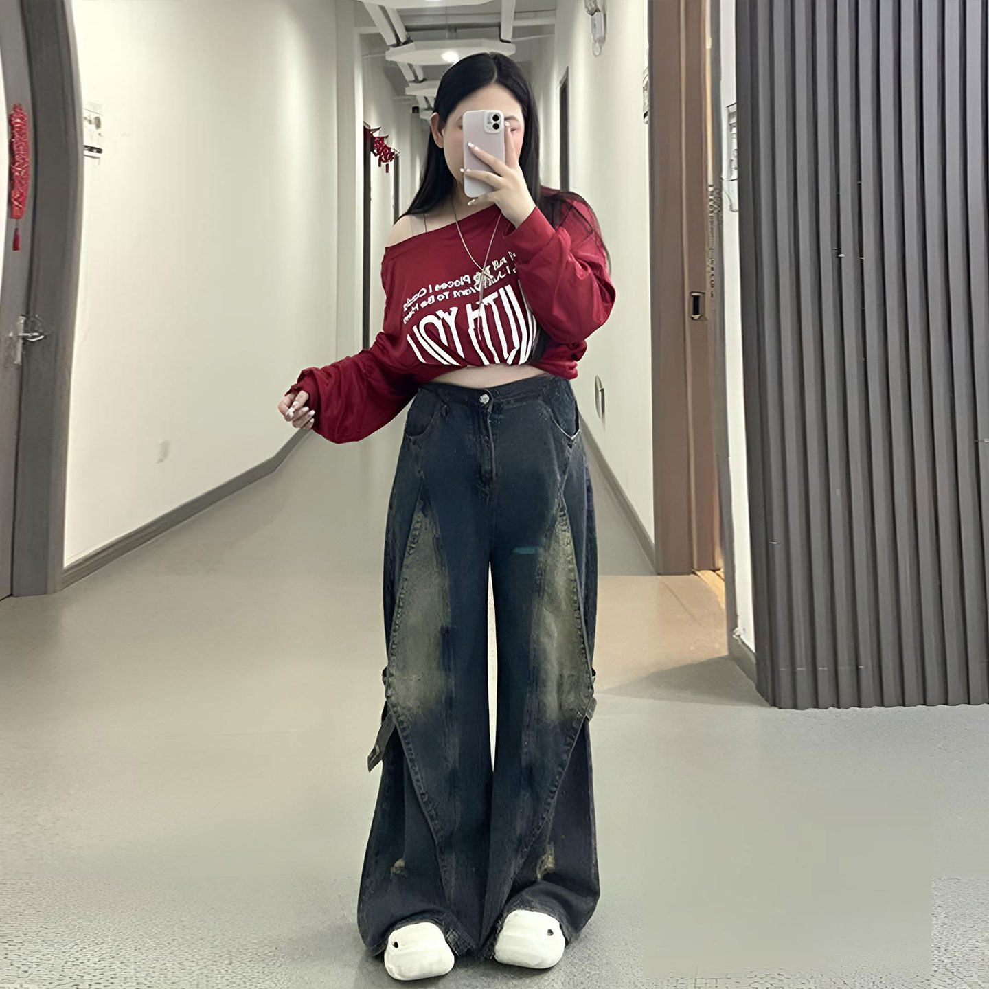 胖mm美式复古拼接设计高街牛仔裤女特大码裤子学生显瘦阔腿工装裤,淘宝优惠券,粉丝福利购,淘宝优惠卷