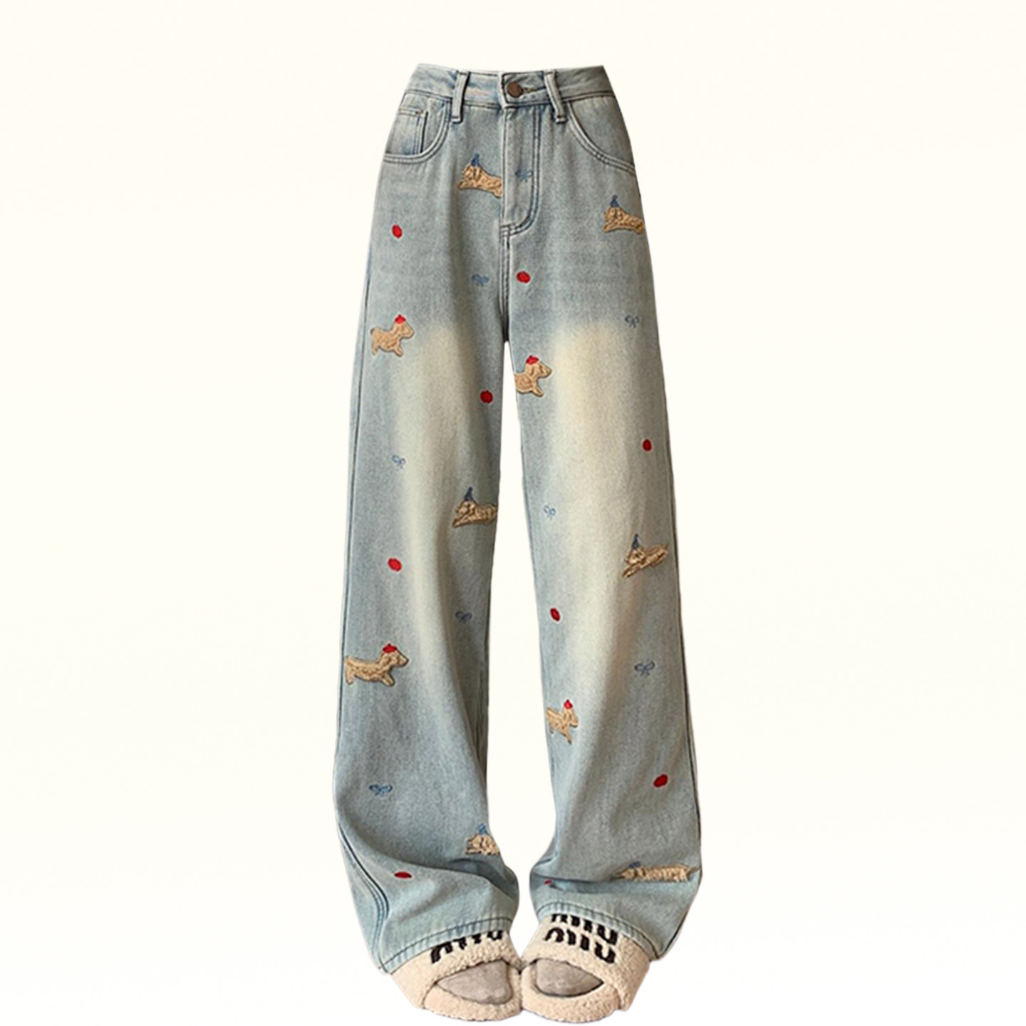 胖mm大码女装韩系简约百搭直筒牛仔裤女卡通小狗刺绣设计感长裤子,淘宝优惠券,粉丝福利购,淘宝优惠卷