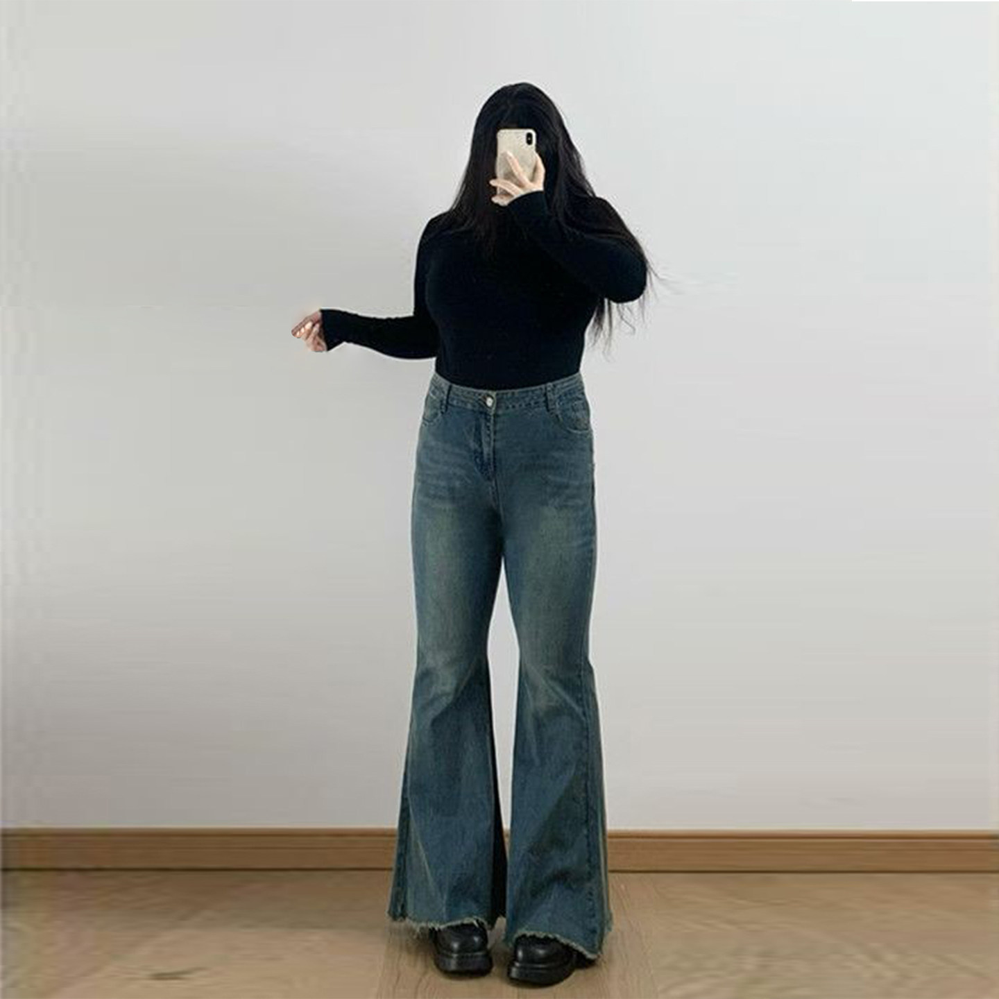 大码女装蓝色微喇牛仔裤女新款胖mm高街辣妹风小个子显瘦喇叭裤子,淘宝优惠券,粉丝福利购,淘宝优惠卷